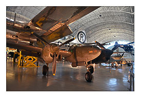 Steven F. Udvar Foggy Center P 38 Lightning, with B 29 Enola Gay behind it