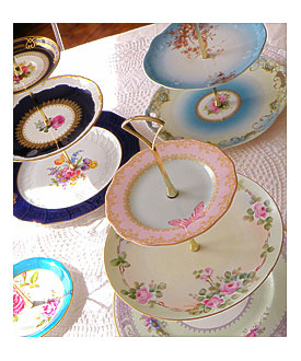 antiquated china tea and cupcake stands by high tea for alice