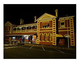 The impresive Toowoomba Rail Station at night. The train from Ipswich reached here in 1867.