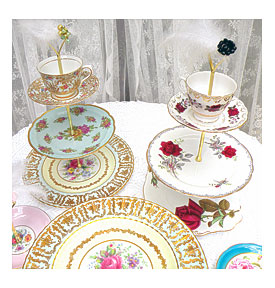 tea, slab and cupcake stands in 3 tiers of vintage European china by High Tea for Alice