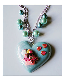 Cupcake Hello Kitty Kawaii Pearlised Pastel Blue Resin Heart Necklace