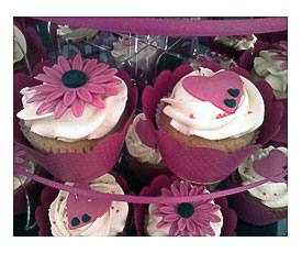 Fuschia gerberas, hearts and coordinating cupcake wrappers
