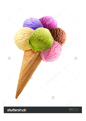 Mixed Ice Cream Scoops In Cone On White Background Stock Photo