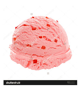 Strawberry Ice Cream Scoop With Particles On White Background Stock