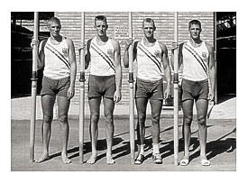 1960 Rome Olympics gold medal 4 man coxless gold medal troupe L R John Sayre, Rusty Wailes, Ted Nash, Dan Ayrault (Scroll down for detailed thumbnail sketch)