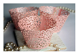 Pink Cupcake Wrappers Shimmer Blush Pink Lace Filigree