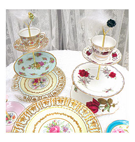 tea, cake and cupcake stands in 3 tiers of vintage European china by Lofty Tea for Alice